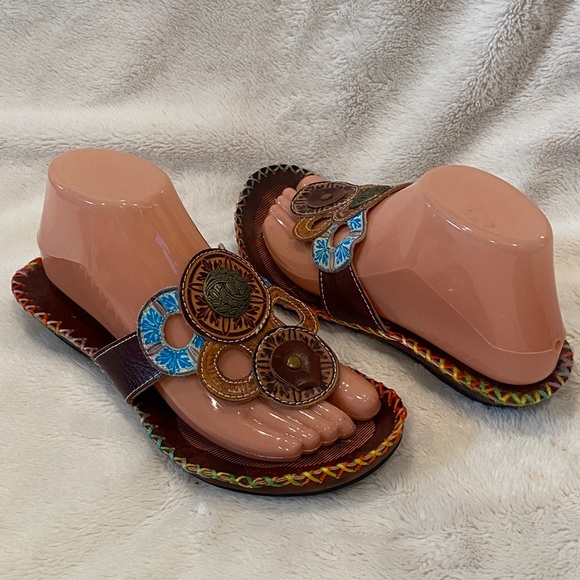 Corkys Antiqua Leather Hand-Painted Boho Toe Post Thong Sandals Size 7 VGC - Picture 7 of 11